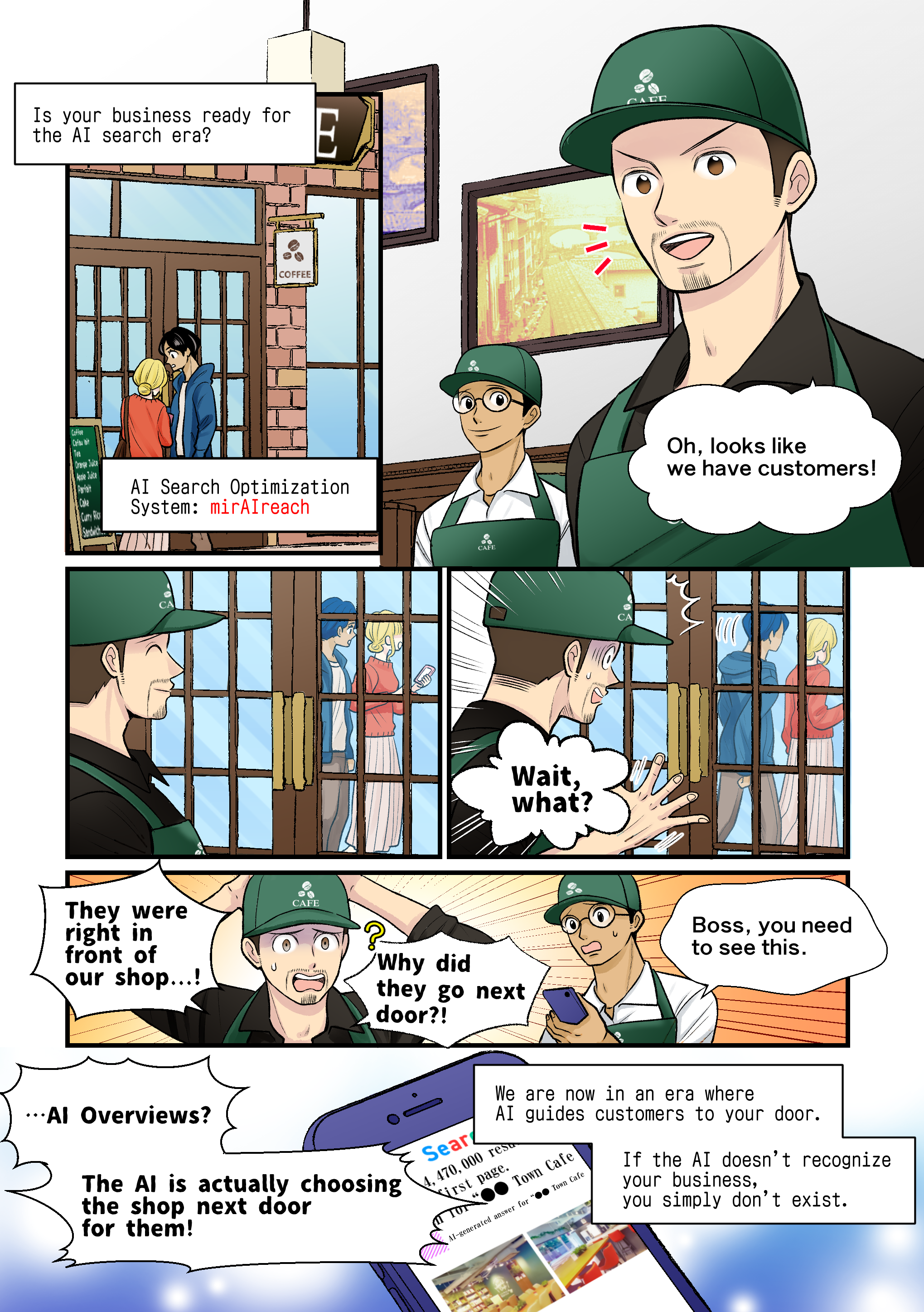 mirAIreach comic page 1: customers walk past the cafe because AI search sends them to a competitor